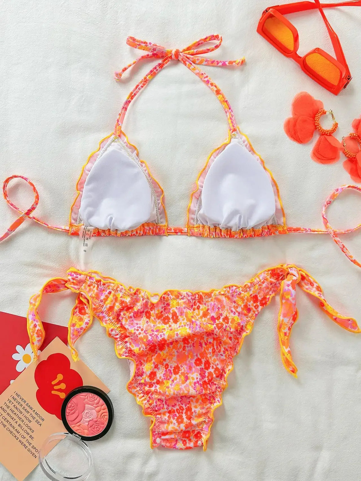 Women Cute Bikini Set 2025 New Summer Orange Floral Print Halter Ruffles Push Up Tie Side Thong Swimsuit Bathing Suit