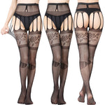 Womens Pantyhose Black Hollowed Lace Fishnet Patterned Tights Sexy Sheer Luxury Thigh High Socks Garter One-piece Bodystockings