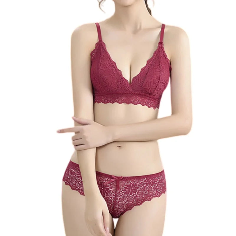 Women Floral Lace Bra And Panties Set Wire Free Bralette Low Rise Briefs Sexy Lingerie Set Ladies Lace Underwear Set