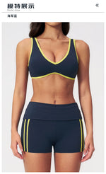 Tight Color Contrast Yoga Suit 2 Pieces Women V Neck Sports Bra Pleate High Waist Shorts Gym Running Fitness Suits Tracksuit