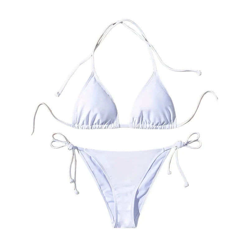 New Women Swimsuit Ribbed Backless Pads Bikini Set Halter Triangle Bra Side Tie Thong Swimwear Beachwear Lady Bathing Suit