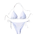 New Women Swimsuit Ribbed Backless Pads Bikini Set Halter Triangle Bra Side Tie Thong Swimwear Beachwear Lady Bathing Suit