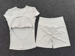Tight Invisible Wrinkle Yoga Sets Women Short Sleeve O Neck Hollow Back Sports Tank Top Butt-Lifting Shorts Gym Fitness Suits