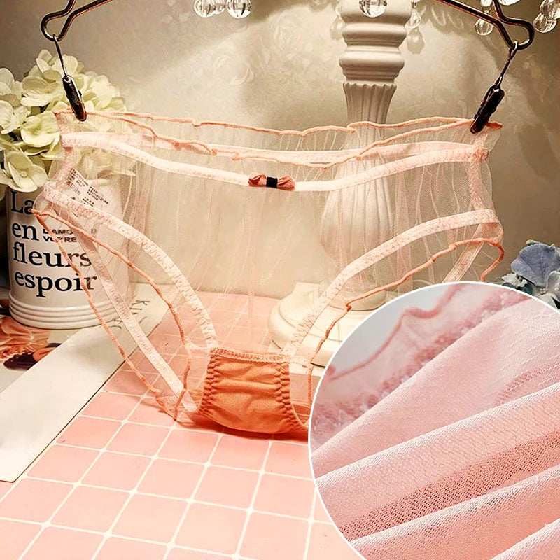 Lolita Mesh Panties Sexy Lace Briefs for Women Transparent Underwear Summer Bow Briefs Girl Low Waist Underpants Ruffle Lingerie