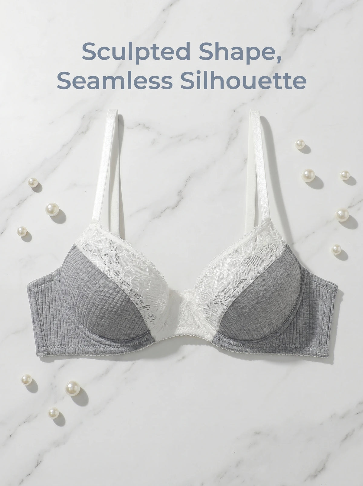 Ladies Bra Grey Ribbed Knit with White Lace Panel Sculpted Support Padded Bralette Smooth Comfort Women Lingerie MR3458