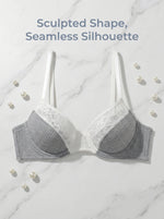 Ladies Bra Grey Ribbed Knit with White Lace Panel Sculpted Support Padded Bralette Smooth Comfort Women Lingerie MR3458