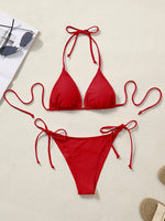 Women Bikini Set Solid Color Triangle Halter Neck Tie Side Two Piece Swimsuit Adjustable String Swimwear for Beach Vacation