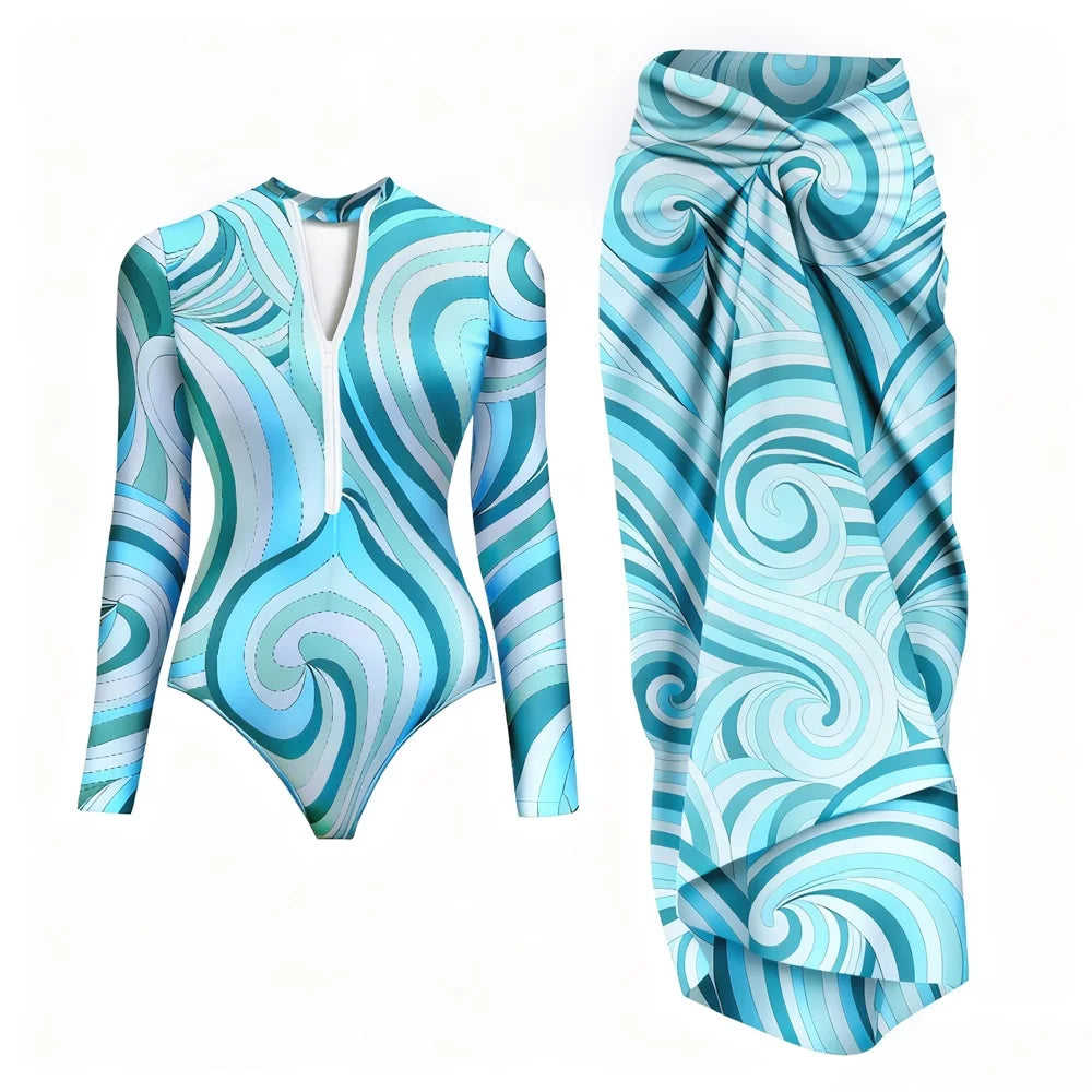 Black And Printed Long Sleeve Swimsuit With Cover Up Sexy Swimwear Women Surf Swim Suit Slimming Bathingsuit Bodysuit Beachwear