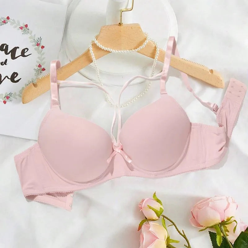 Beauwear Solid Color T-shirt Bras for Women Padded Bra Push Up Cross Straps Bow Underwear