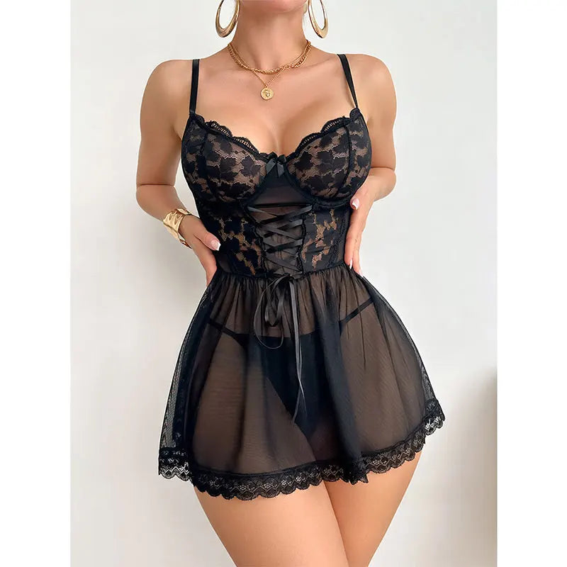 Lace Sheer Bra Corset Patchwork Nightgown And Thong 2-Piece Set Mesh Open-back Sensual Floral-embroidered Lingerie Nightdress