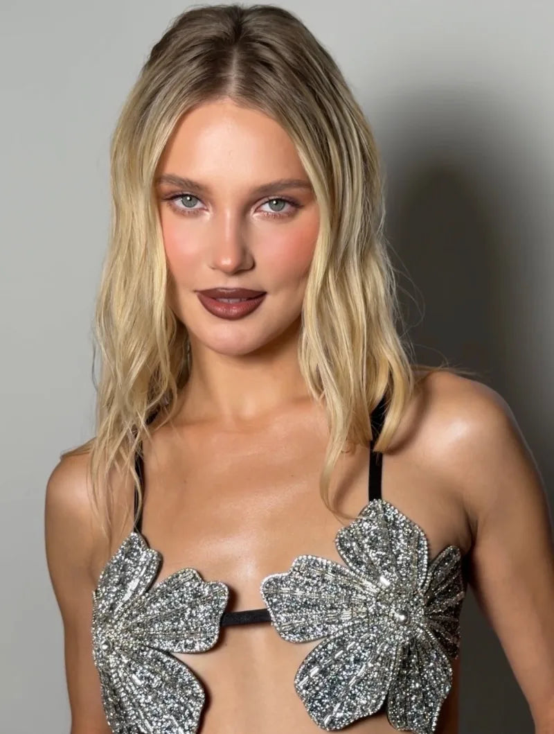 YOUR BUMP CURVE Handmade crystal bra flower embroidery inlaid metal rhinestones short top sexy women beach pool yacht sea party