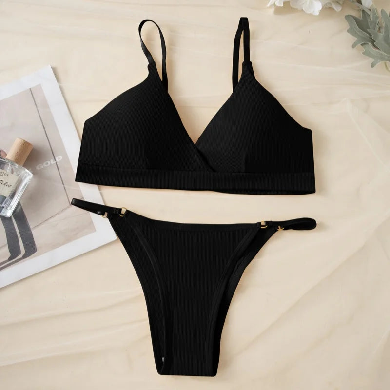 Women Ribbed Triangle Bra And Panties Set Wireless V Neck Thin Strap Bra Low Waist Briefs Ladies Removable Pads Lingerie Set