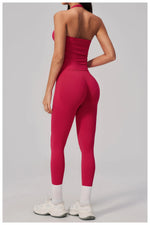 Summer Seamless Yoga Sets Women V Neck Slim Sports Tank Top Fitness Suit Peach Hip High Elasticity Leggings Running Tracksuit