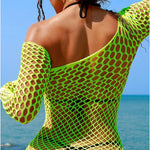 Women Sheer Mesh Long Sleeve Beach Cover Up, Sexy See-Through Fishnet Dress, Solid BodyconFor Summer Beach Party