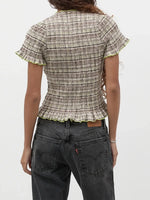 Women Casual Summer Plaid Print Shirred Tops Slim Mock Neck Short Sleeve Crop Ruffle T-shirts Streetwear