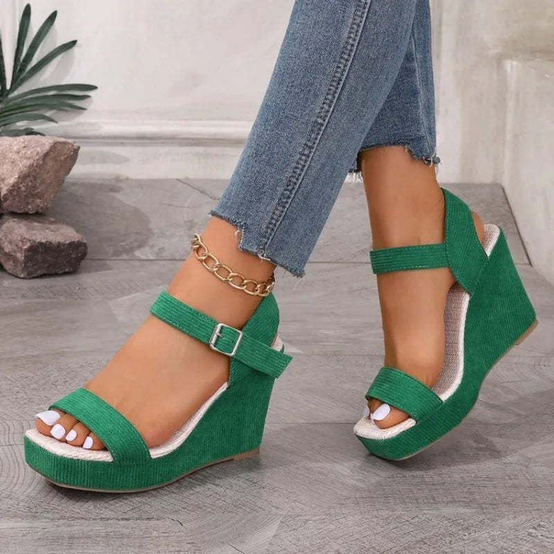 2026 New Platform Wedge Sandals Solid Color Round Headed Square BuckleHigh-heeled Sandals