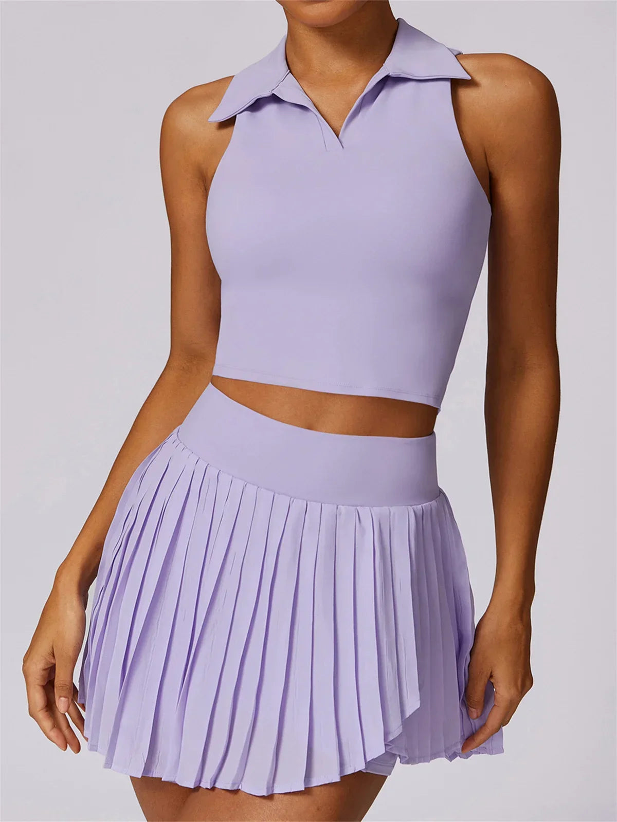 Outdoor Breathable Golf Wear Tennis Sport Sets Women Turn Down Collar Sleeveless Top Short 2 in 1 Skirt Running Fitness Set