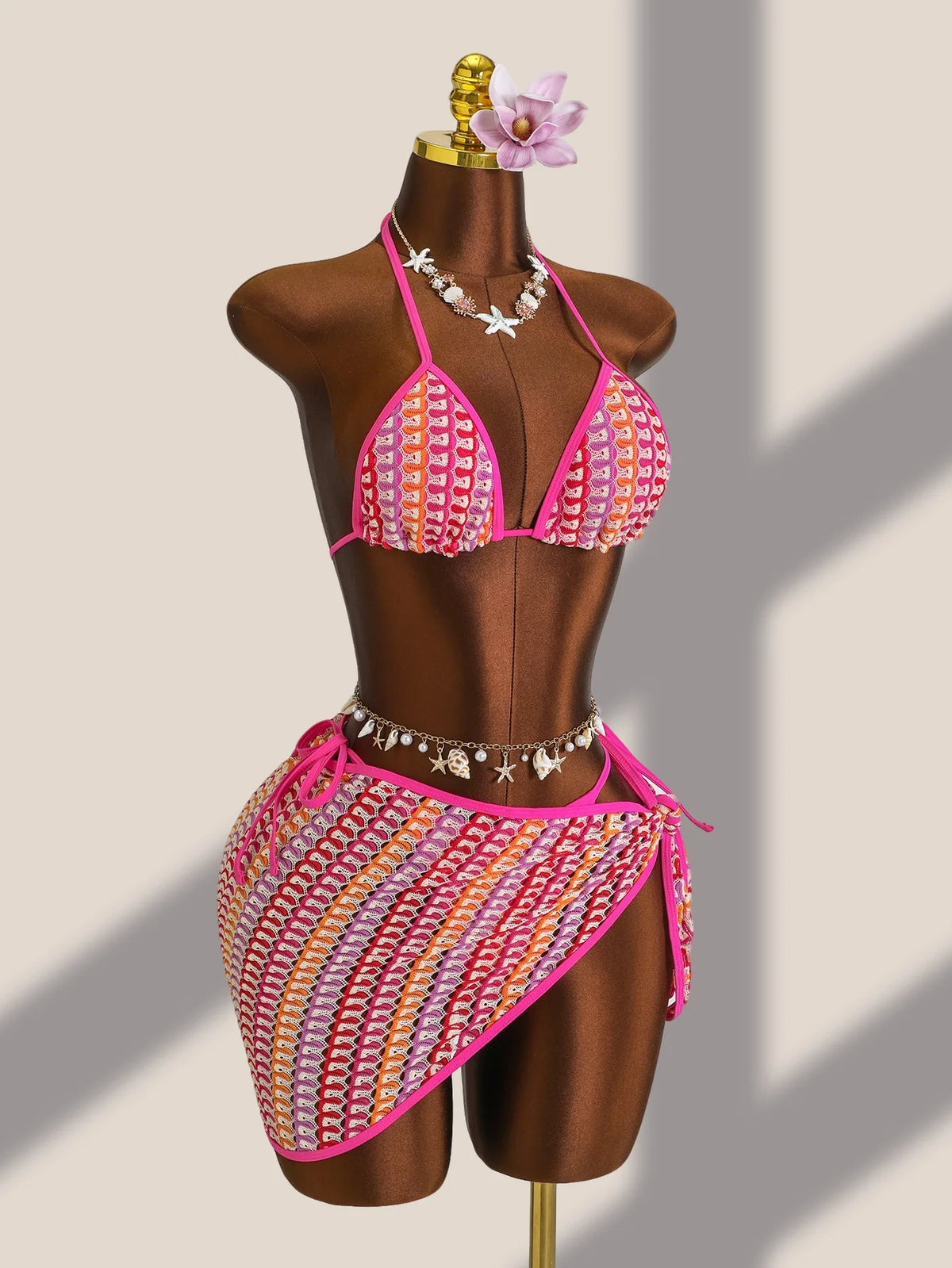 Sexy Colorful Striped Bikini Set Women Push Up Bra Thong Swimsuit 2026 Summer Bathing Suit Beach Mesh Cover Up 3 Piece Swimwear