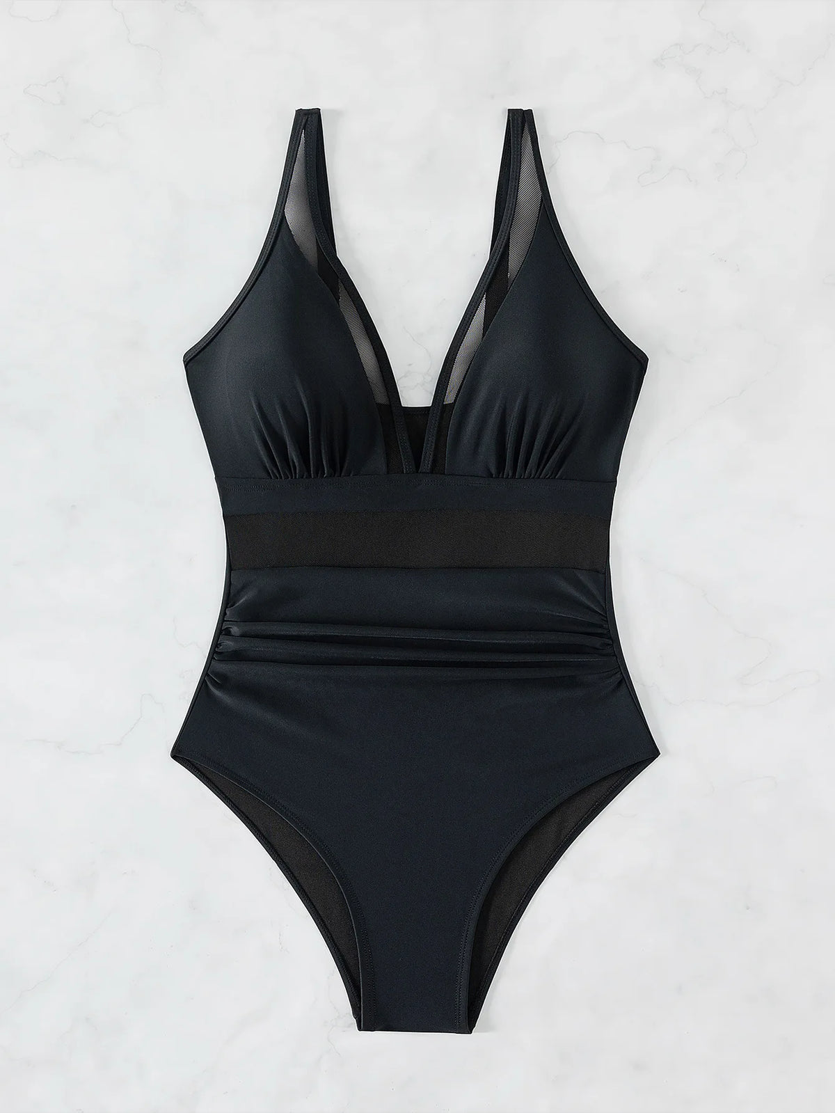 Sexy Black One Piece Swimsuit 2026 Women Mesh Patchwork Transparent Tummy Control Swimwear Bathing Suit See Through Monokini