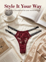Women Burgundy Lace Thong Sexy G-string Letter Waistband Panties Vintage Low Rise Floral Lace Sheer Luxury Lingerie C856