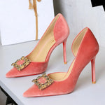Women 10cm Super High Heels Pointed Toe Side Hollow Work Pumps Metal Crystal Buckle Velvet Stiletto Fashion Banquet Lady Shoes