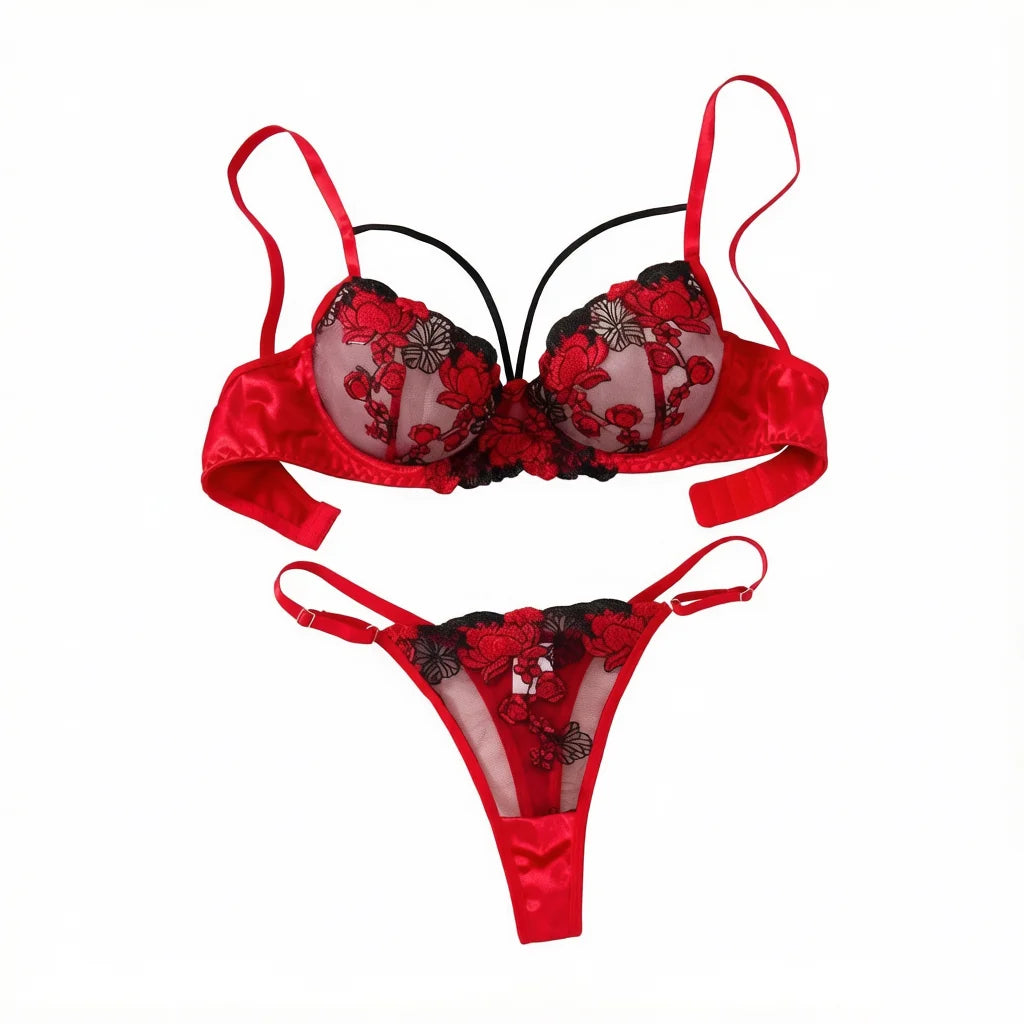 Red Floral Embroidery Satin Mesh Lingerie Set Underwire Bra With Matching Thong Women Sexy Intimates ZA825127