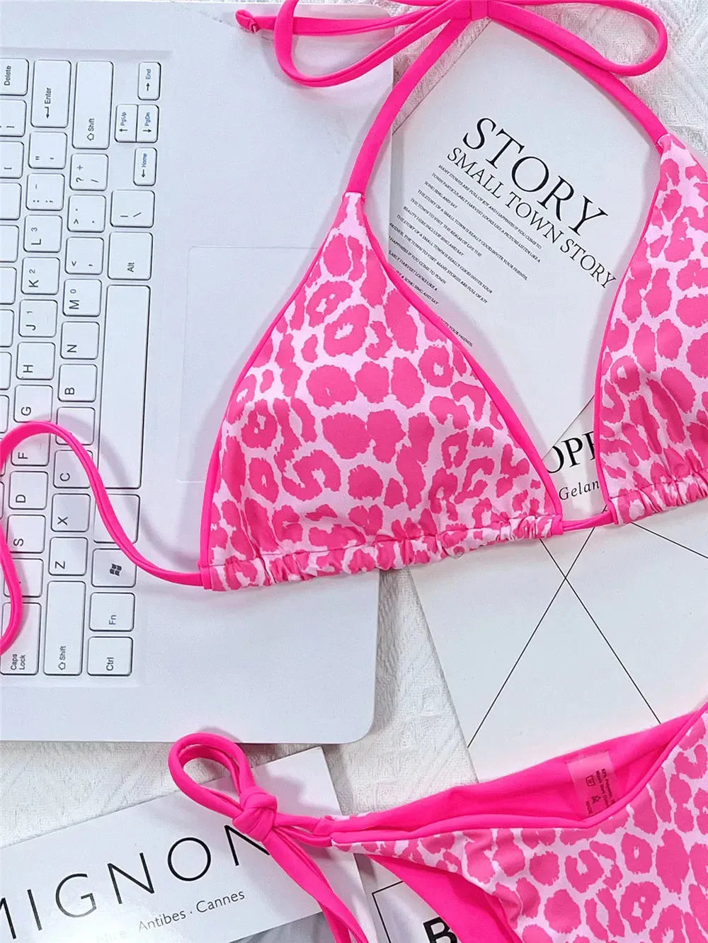 Pink Leopard Print Swimwear String Halter Triangle Bikini Set Micro Thong Sexy Swimsuit Women 2026 Bating Suit Bikinis De Mujer