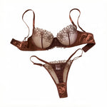 Coffee Brown Floral Embroidery Satin Mesh Lingerie Set Underwire Bra With Matching Thong Women Sexy Intimates ZA825126