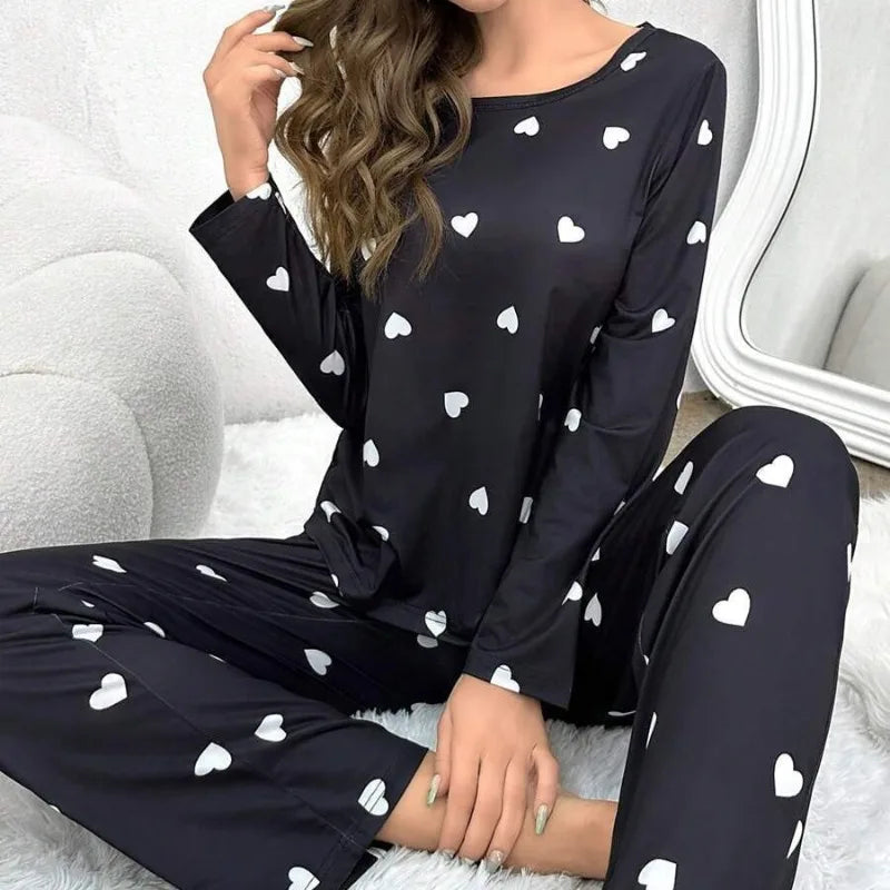 Women's Pajamas Casual Love Print Round Neck Long Sleeve Long Pants Fall and Winter Comfortable Set Girl Sleepwear Homewear