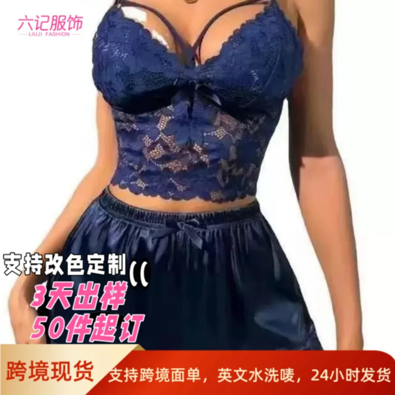 European and American new suspender lace vest top satin shorts sex underwear pajamas loungewear two-piece set women