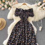 2025 Summer French Vintage Floral Dress Fashion Elegant High-Waisted Drawstring Vestidos Printed Fresh And Sweet Long Dresses