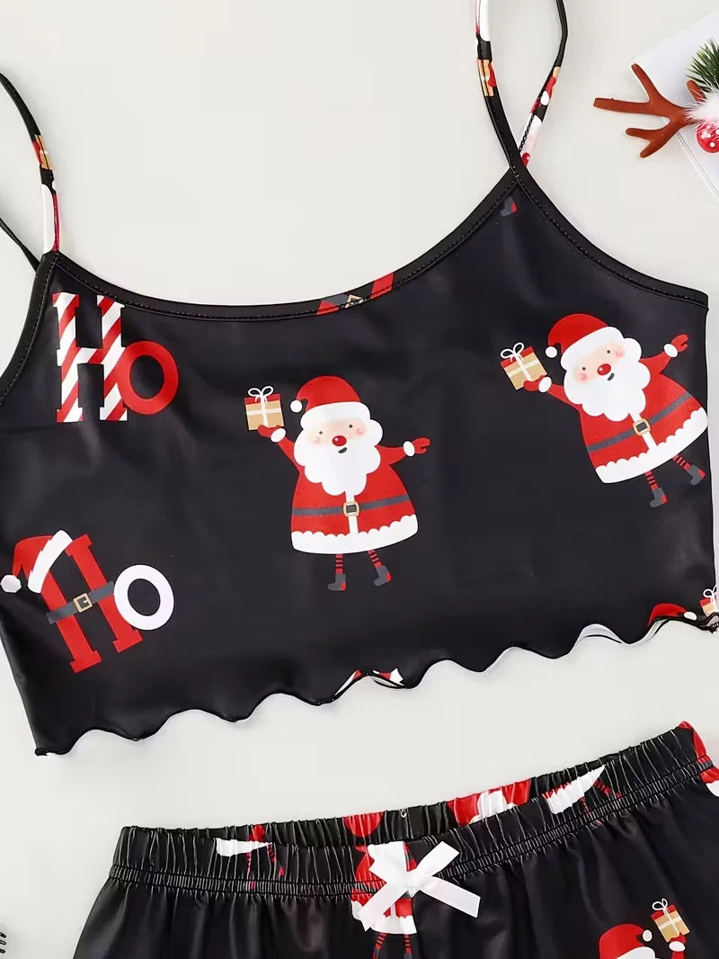 Soft Comfy Christmas Santa Claus Element Print Festival Atmosphere Women's Sleepwear 2 Pieces Crop Tops and Shorts Pajama Set