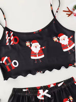 Soft Comfy Christmas Santa Claus Element Print Festival Atmosphere Women's Sleepwear 2 Pieces Crop Tops and Shorts Pajama Set