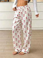 New Summer Women Satin Pajama Pants Cute Heart Pattern Elastic Waist Loose Long Sleepwear Trousers Comfortable Home Lounge Pants