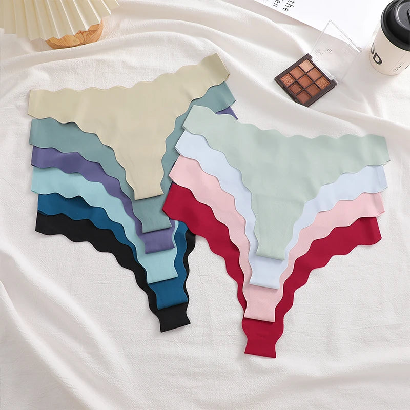 5Pcs Seamless Full-Body Fan-Shaped Wave Decorative Briefs Sexy Thongs Comfortable Breathable Stretch Underwear Women's Lingerie