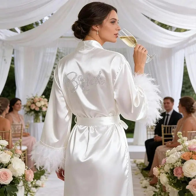 Bride Robe with Feather for Wedding Day Bridal Satin Robe Sexy Silk Bride Bathrobe for Women Bachelorette Wedding Party Getting