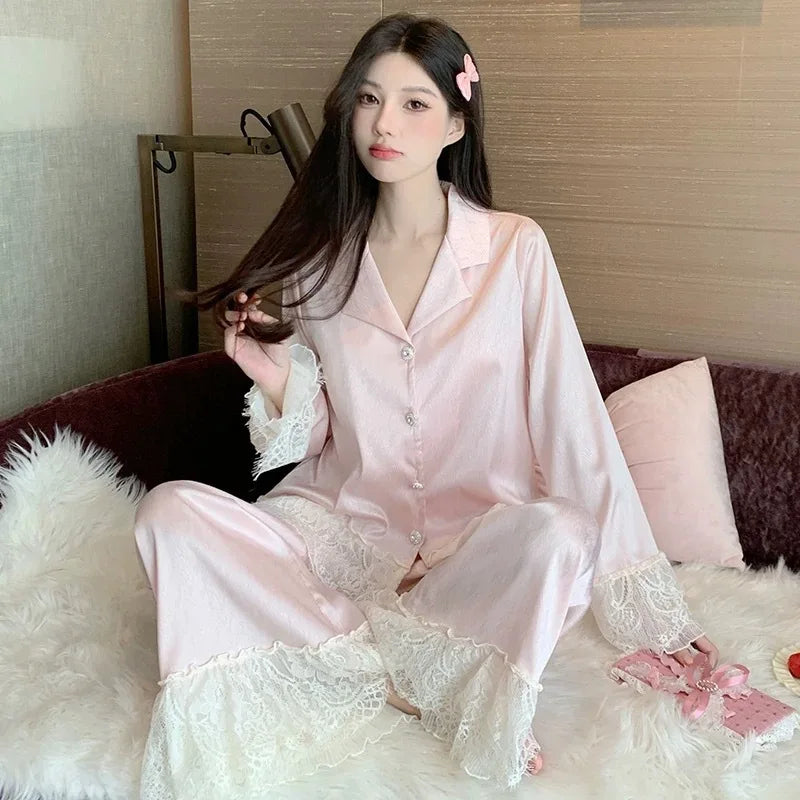 Spring and Autumn Satin New Style Temperament Ice Lace Lace Lace Silk Light Luxury Sleepwear Women's Home Clothes Outside Sweet