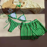 Sexy Green Orange Striped Bikini Set Women Halter Push Up High Waist Panties 3 Piece Swimsuit 2026 Summer Bathing Suit Swimwear