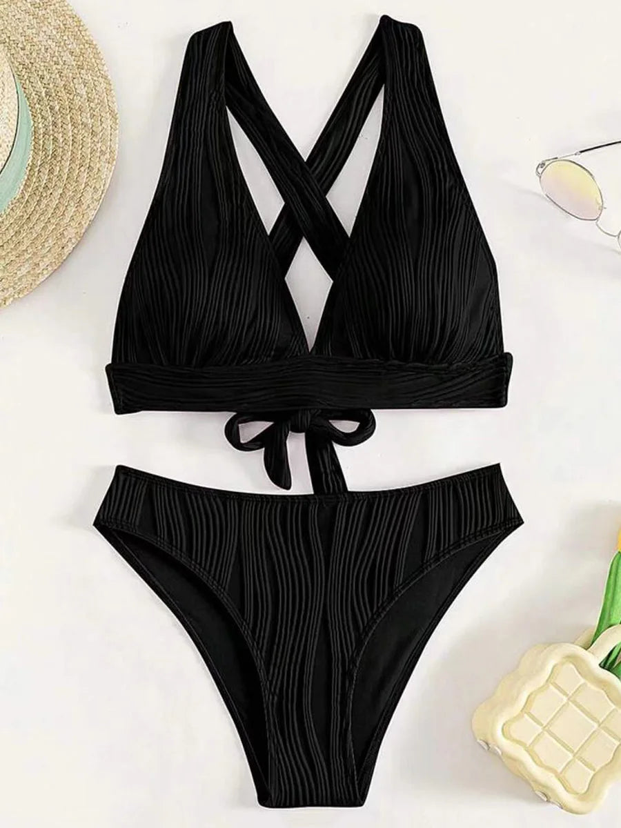 Wrinkled Crinkled Cross Back Bikini Women Swimwear Female Swimsuit Two-pieces Bikini Set High Cut Bathing Suit Swim Beach Wear