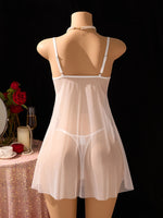 White Daisy Floral Lace Sheer Mesh Babydoll Lingerie Set Slip Nightdress With Matching Thong Women Sexy Sleepwear ZA825096