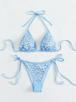 DEKA Women Sexy Rhinestones Bikini Set With Solid Color Thong Swimwear Female Push Up Swimsuit Beach Swimming Bathing Suit