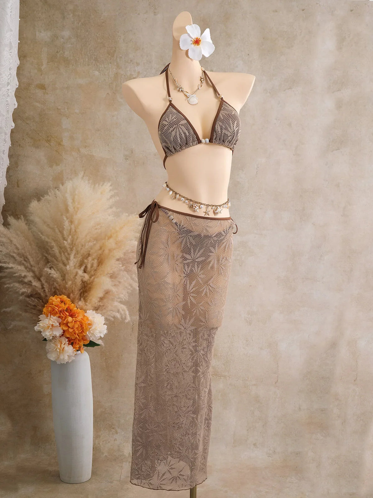 Vintage Coffee Leaves Print Mesh Skirt 3 Piece Bikinis Sets 2026 Women Beach Pearls Push Up Thong Swimsuit Bathing Suit Swimwear
