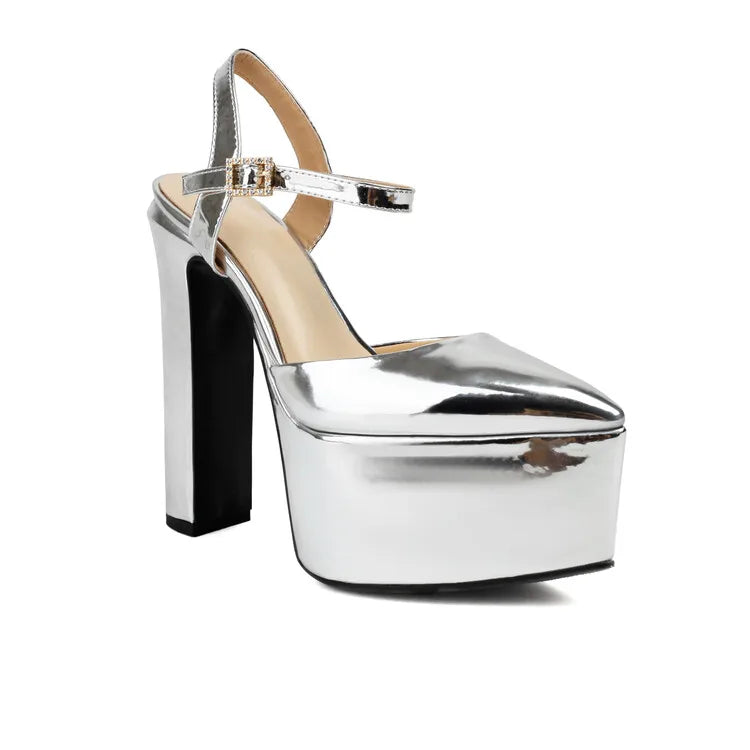 Platform Pointed Toe Sandals for Women Summer New Ankle Buckle Strap Gold Runway High Heels Large Size 43 Wedding Party Shoes
