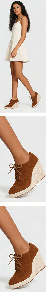 2026 Big Size 43 Vintage Brown Black Pointy Toe Lace-up High Heels Espadrilles Pumps Comfy Walk Office Lady Wedges Shoes Women