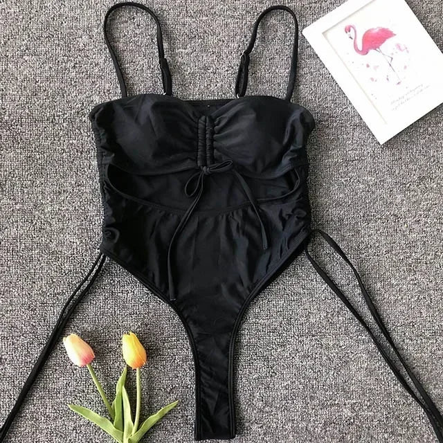 Splicing High Cut Out One Piece Swimsuit Women Tassel Swimwear Female Sexy Bathing Suit String Leopard Bikini 2025 Monokini Lady