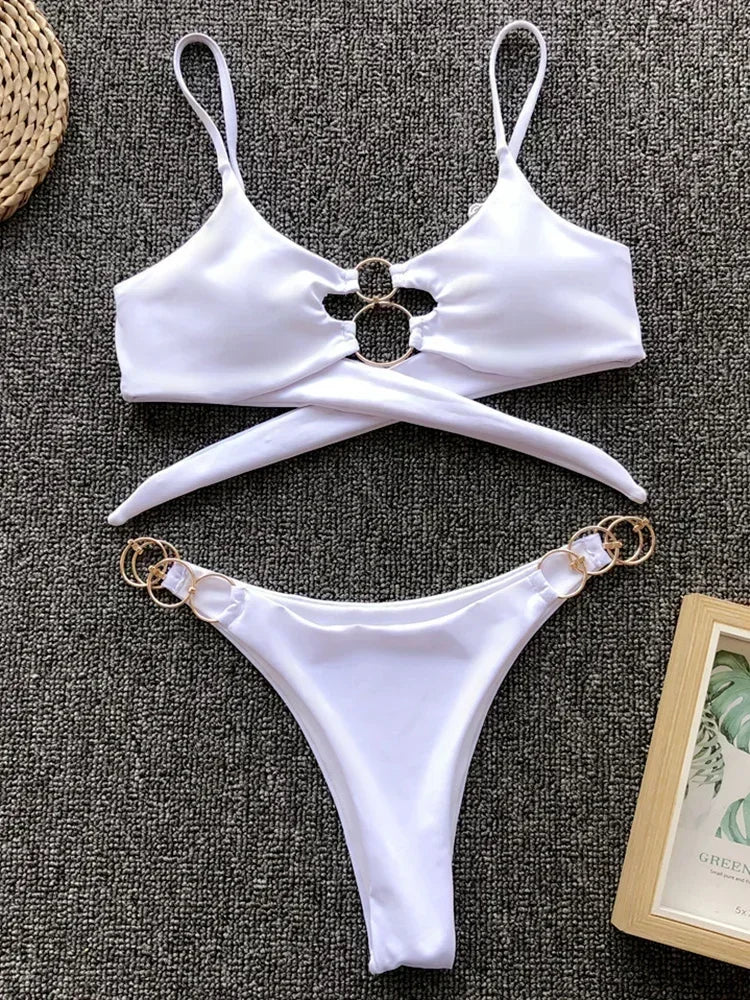 Metal Rings Bikinis Hollow Out Bikini Women Swimsuit Female Brazilian Swimwear Two Pieces Bikini Set High Cut Bathing Suit Swim