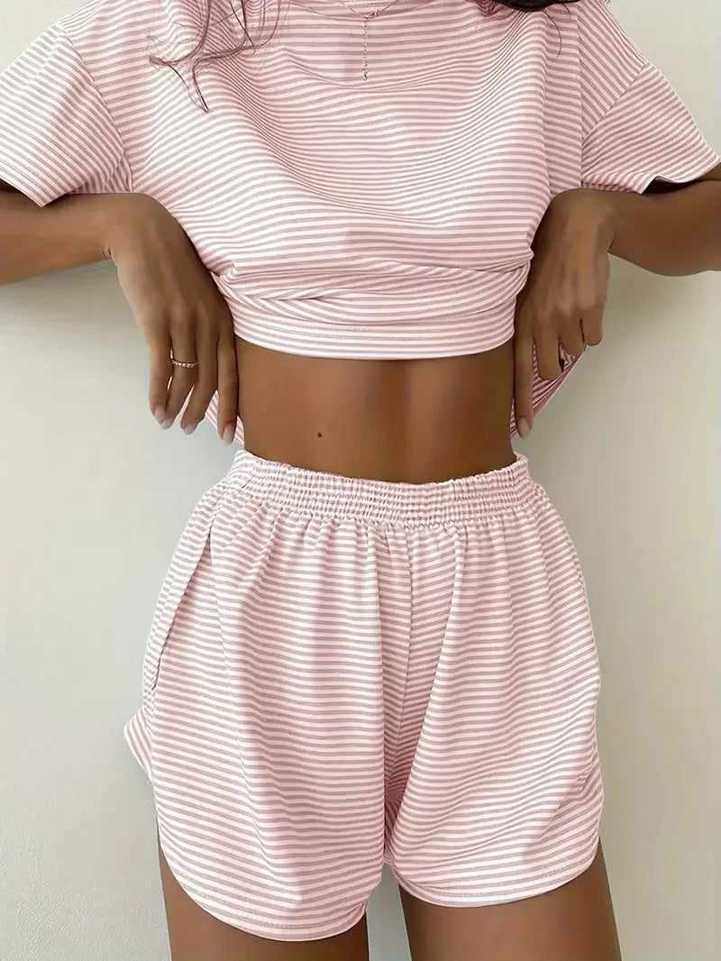 2026 New Women's Striped Pajama Set Summer Short-Sleeved T-Shirt and Shorts 2-Piece Set Home Wear Casual Loose Round Neck Pajama
