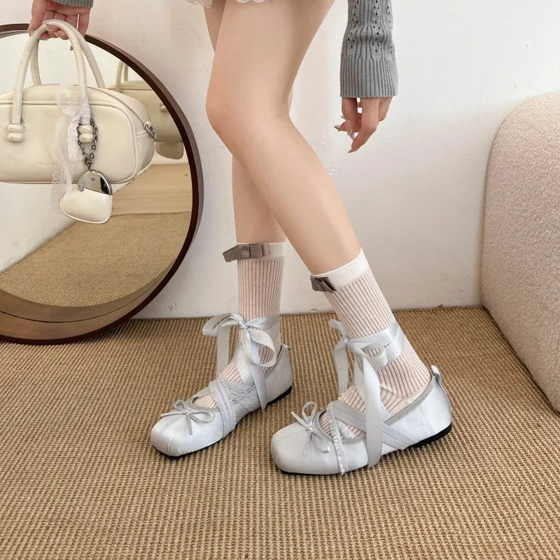 2026 Women Satin Ballet Shoes Breathable Lightweight Ribbon Lace Up Non Slip Square Toe for Office Summer Daily All Season Wear