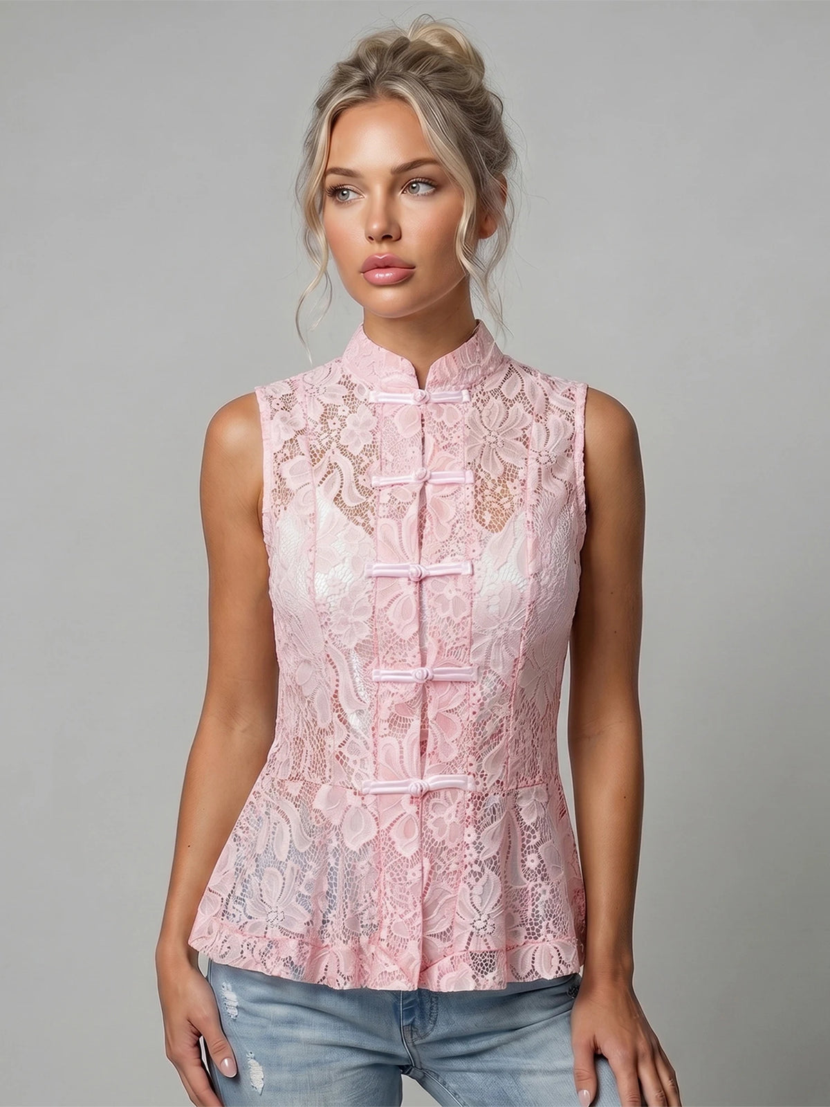 2026 Summer Women's Retro Lace Tops Elegant Mandarin Collar Chinese Frog Buttons Peplum Sleeveless Vest Blouses