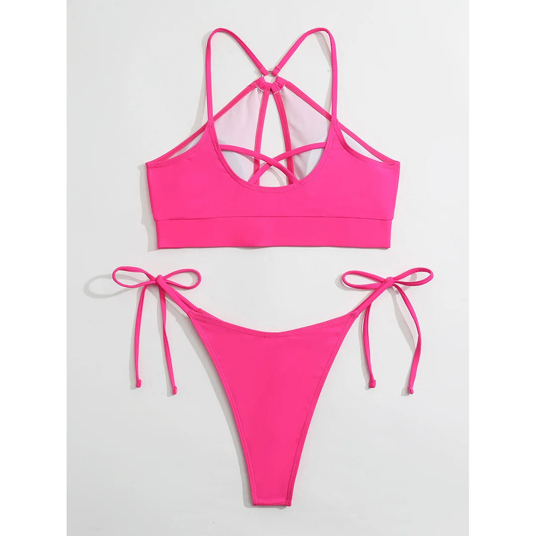 Cut Out Halter Bikini Female Swimsuit Women Swimwear Two-pieces Bikini set Padded Strappy Bather Bathing Suit Swim Lady V3423